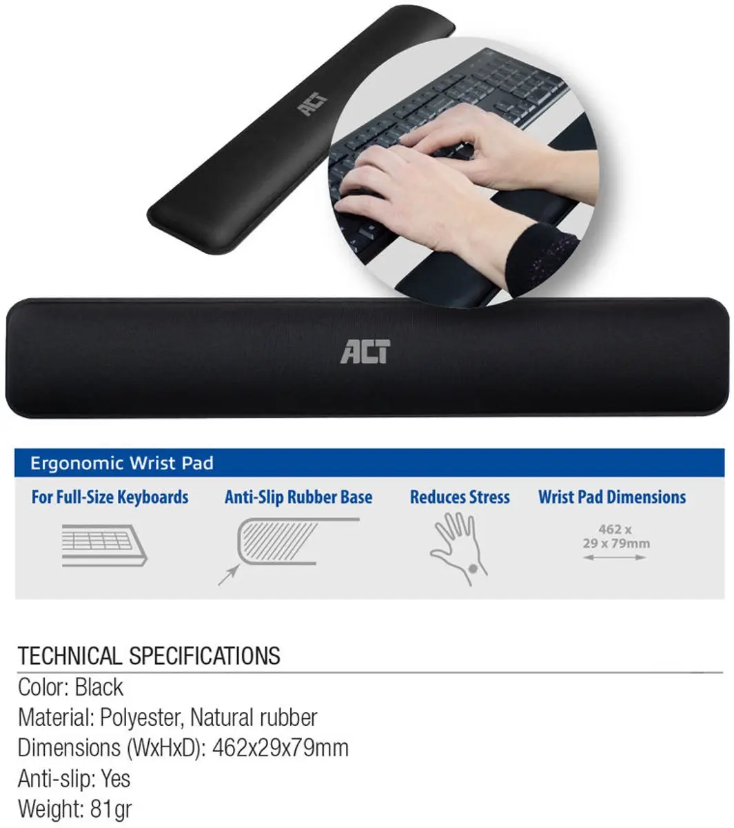ACT AC8005 Polssteun Toetsenbord - Full-Size - Zwart