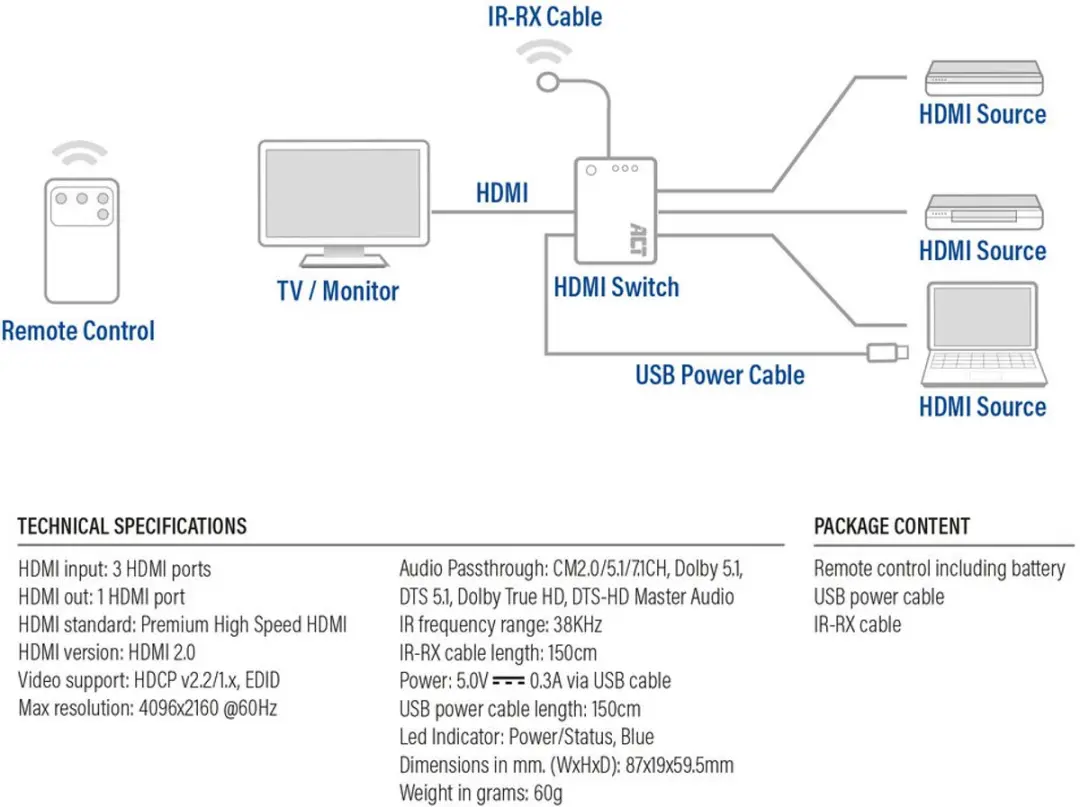 ACT 4K HDMI 3x1 Switch AC7845 - Zwart