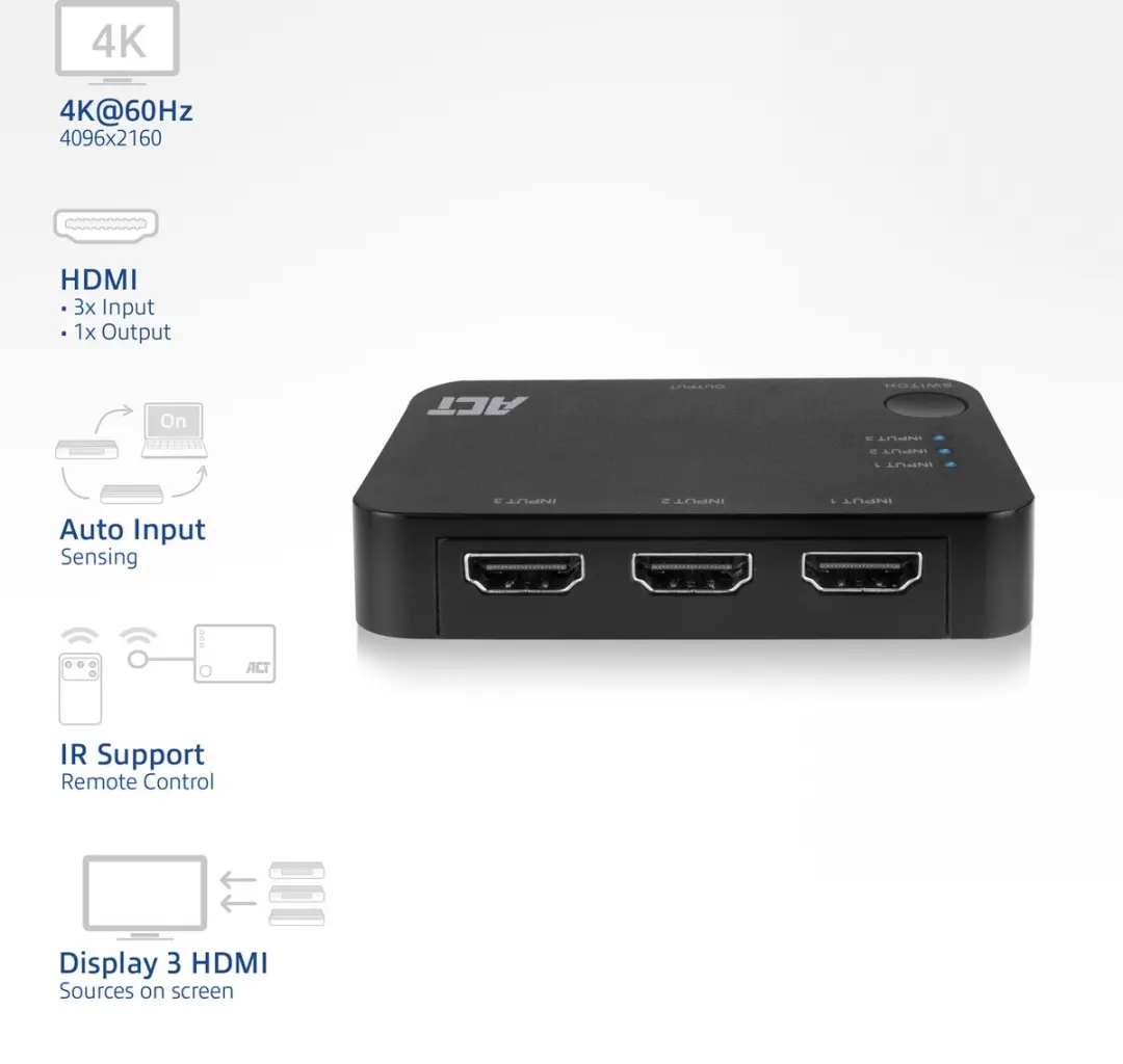 ACT 4K HDMI 3x1 Switch AC7845 - Zwart