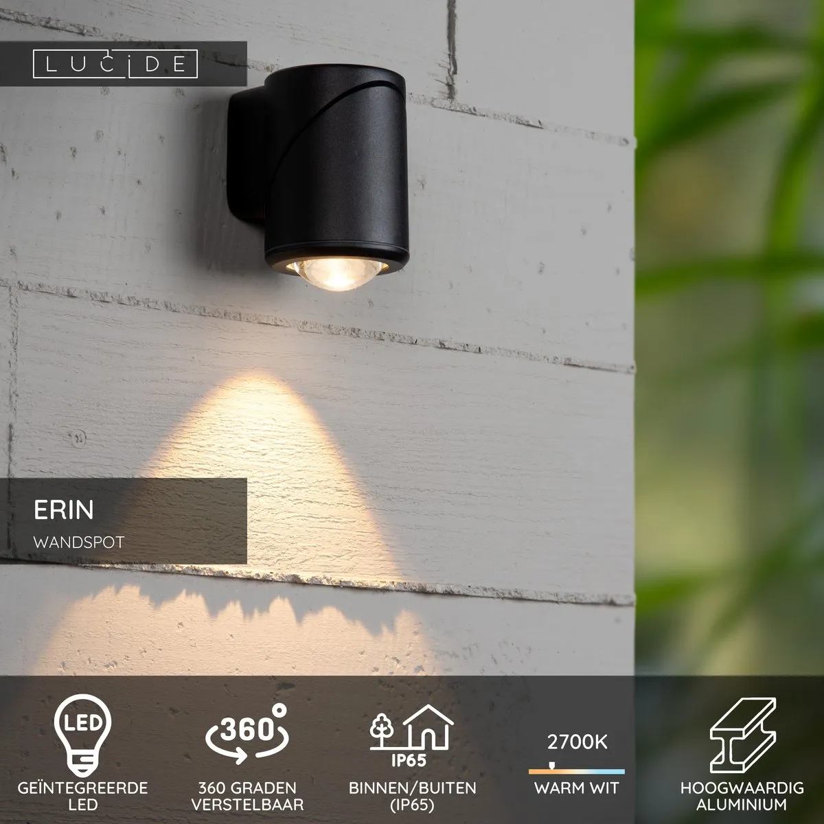 Lucide ERIN Wandspot LED 5W 2700K - IP65 Zwart