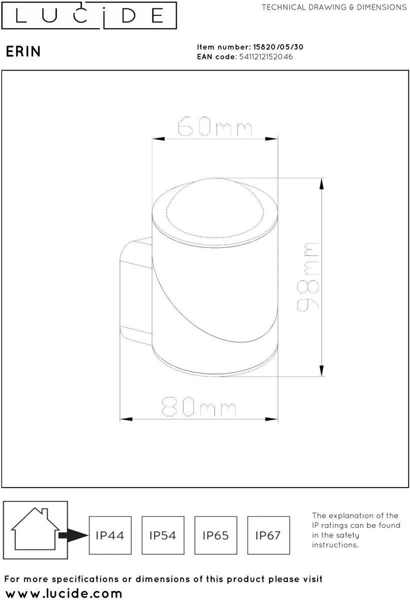 Lucide ERIN Wandspot LED 5W 2700K - IP65 Zwart