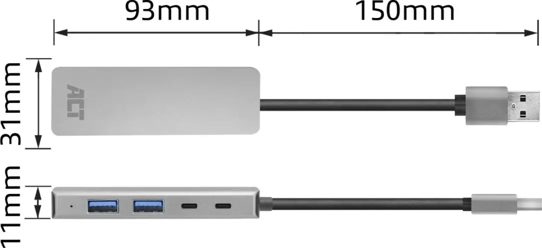 ACT AC6125 USB-A Hub 3.0 - 2x USB-A 2x USB-C - Grijs