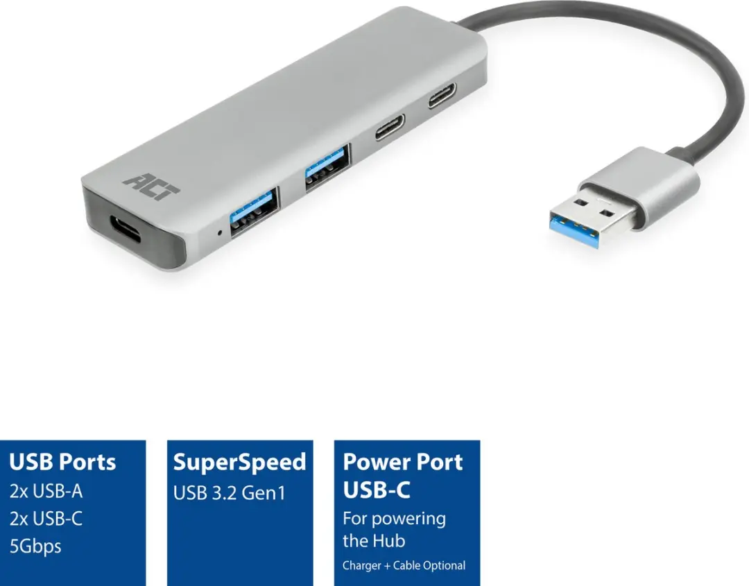 ACT AC6125 USB-A Hub 3.0 - 2x USB-A 2x USB-C - Grijs