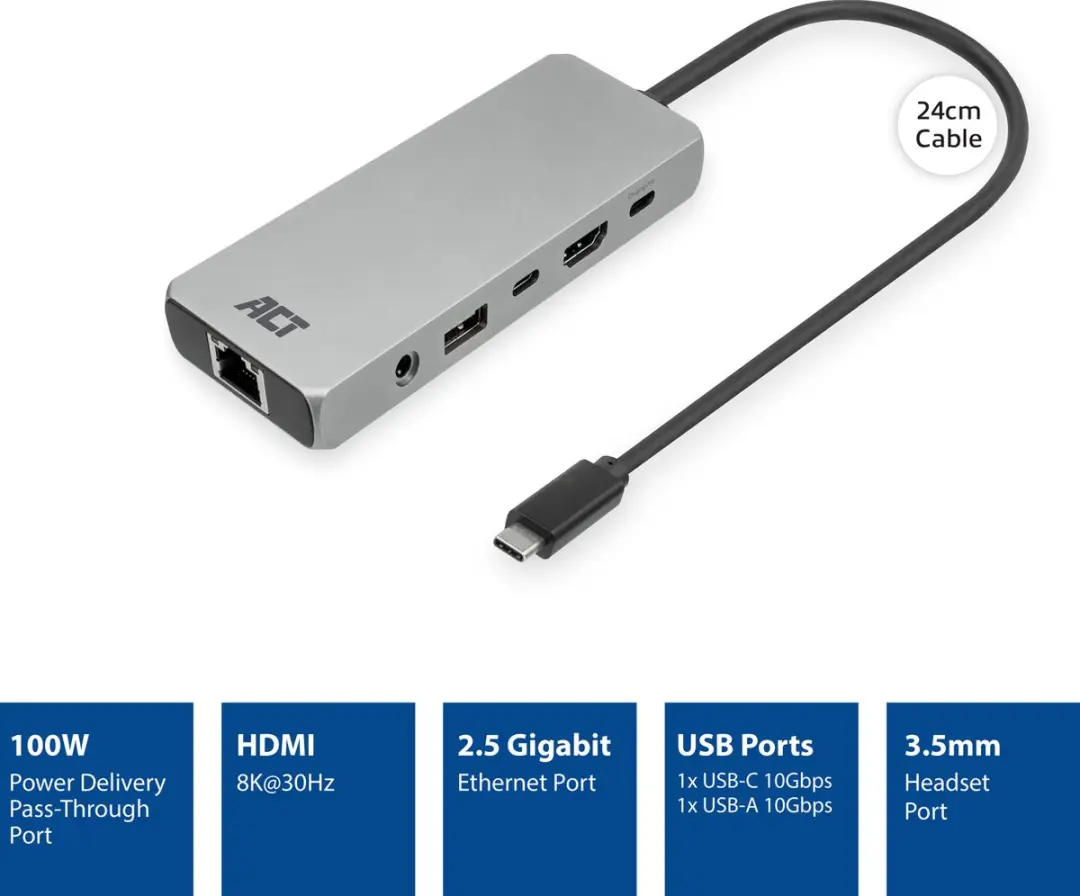 ACT AC7095 USB-C Dockingstation 4K/8K - Grijs