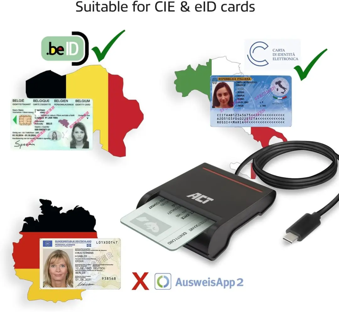 ACT AC6020 USB-C Smartcard eID Kaartlezer - Zwart