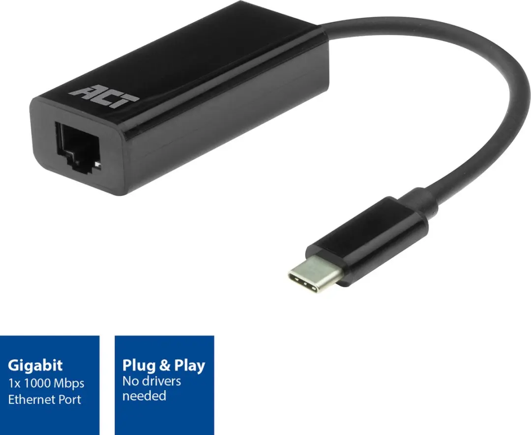 ACT AC7335 USB-C Ethernet Adapter - RJ45 Gigabit 10/100/1000Mbps - Zwart