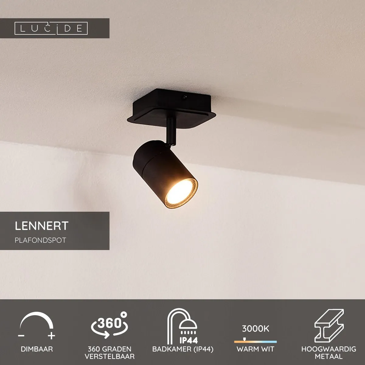 Lucide Lennert Plafondspot LED GU10 5W 3000K - Zwart