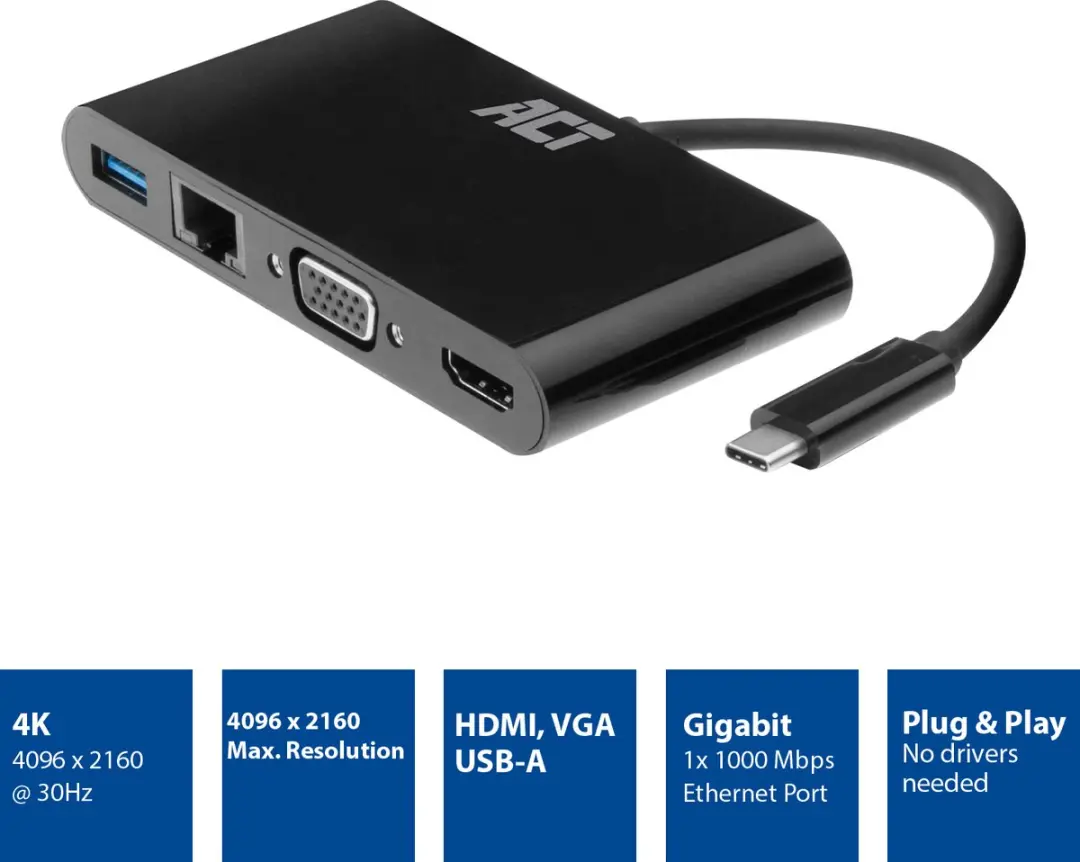 ACT USB-C Multi Dock AC7330 - 4K HDMI/VGA - Ethernet - USB-A - Zwart