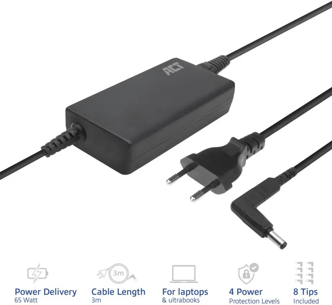 ACT AC2055 Compacte Laptoplader 65W - Zwart - afbeelding 6 van 6