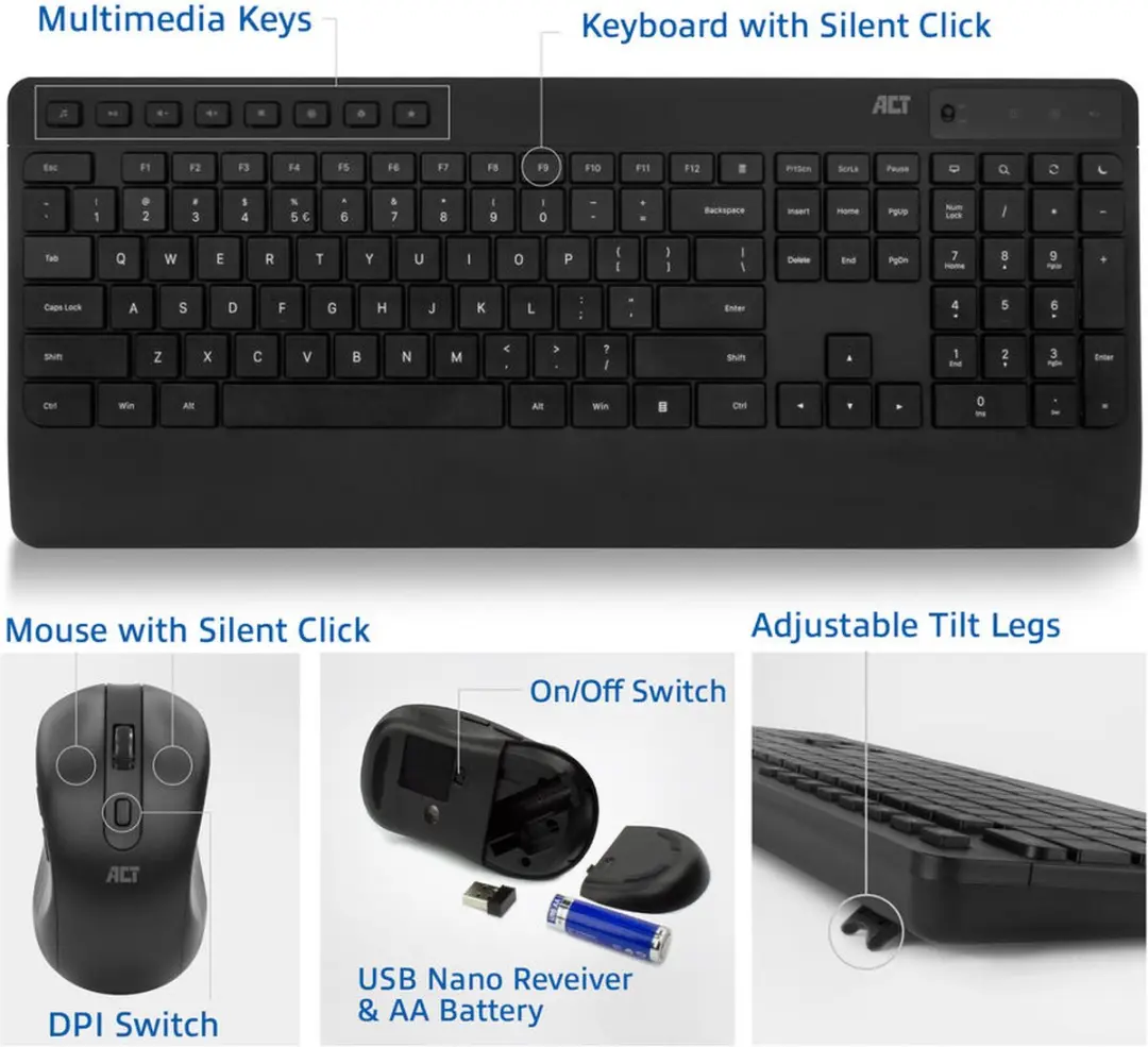 ACT AC5725 Draadloos Muis & Toetsenbord - QWERTY Zwart