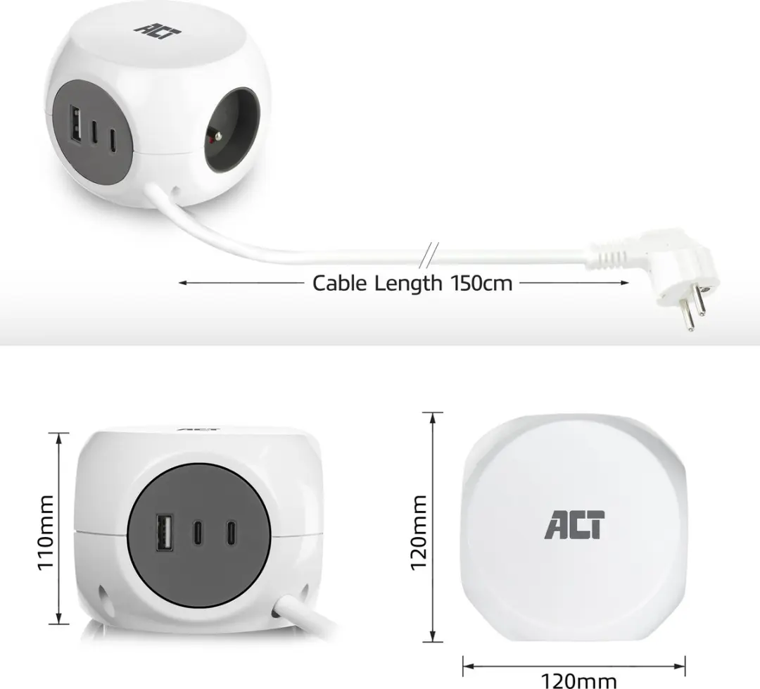 ACT AC2425 Stekkerdoos Kubus - 3 Stopcontacten 3840W - 3x USB-C/A 1,5m - Wit