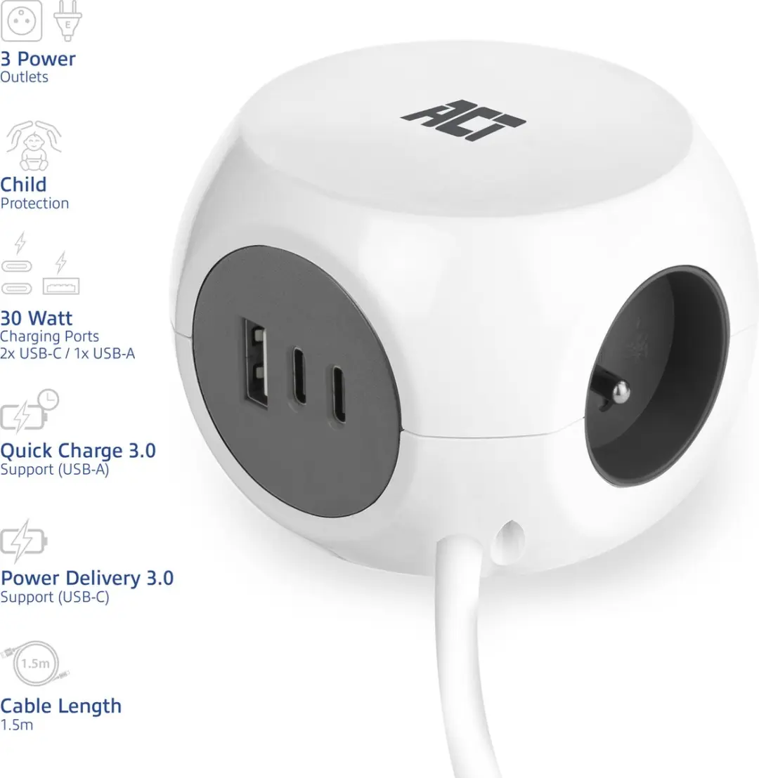ACT AC2425 Stekkerdoos Kubus - 3 Stopcontacten 3840W - 3x USB-C/A 1,5m - Wit - afbeelding 6 van 6