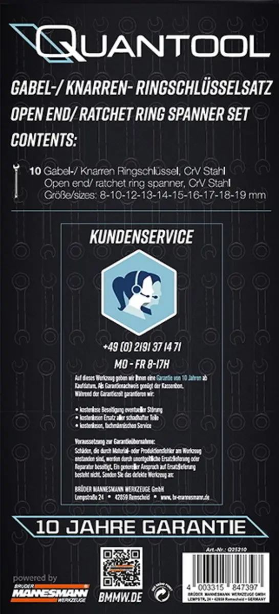 Brüder Mannesmann Q25210 Engelse sleutelset 10-delig - 8-19mm
