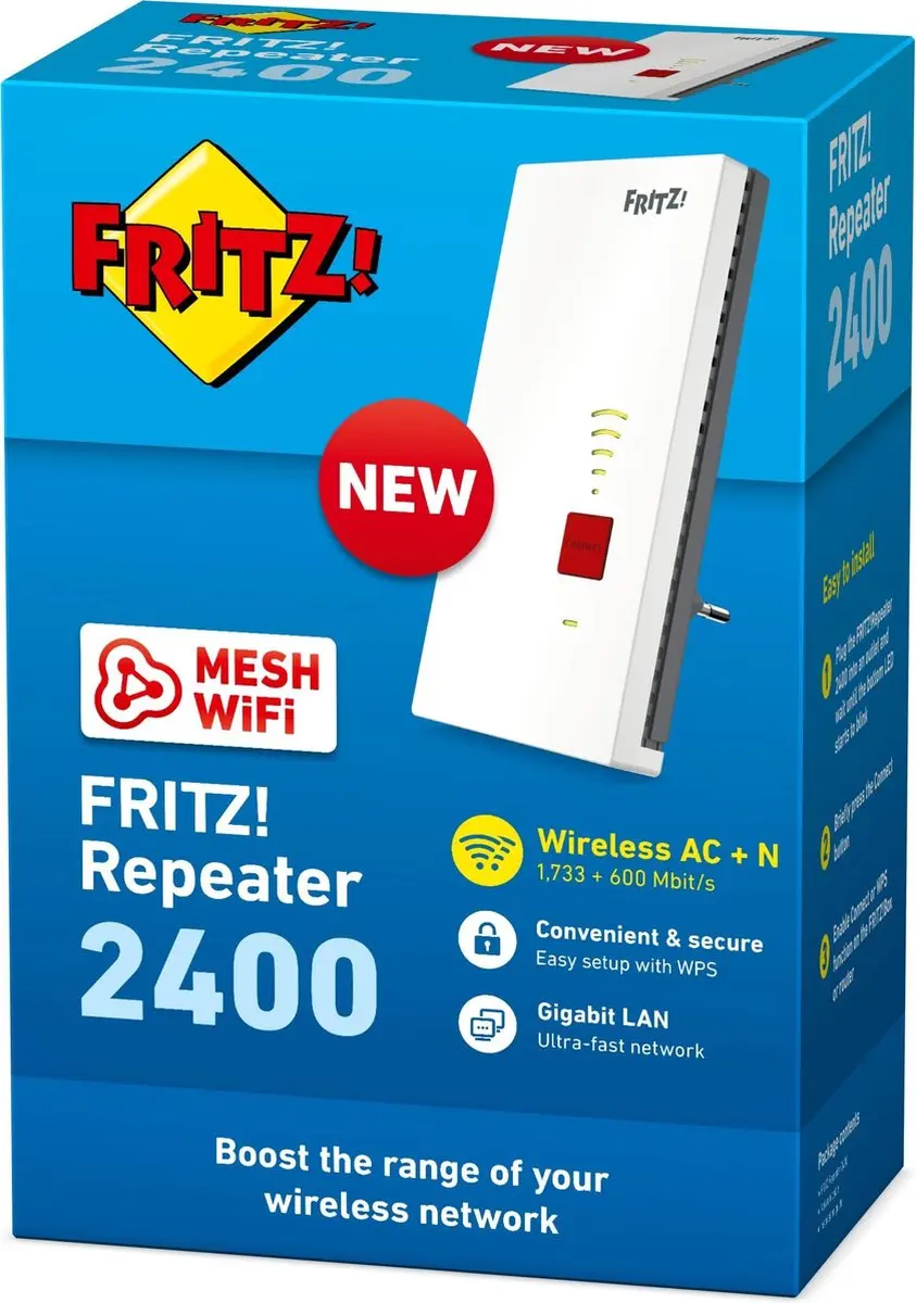 FRITZ! Repeater 2400 AC - WiFi 5 - 600+1733 Mbps - Zwart