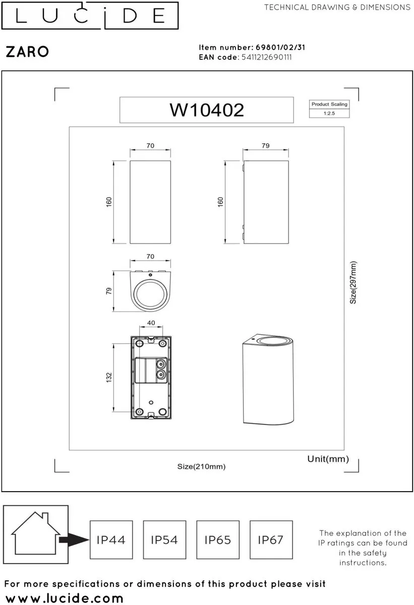Lucide ZARO Wandspot 2xGU10 IP44 - Wit
