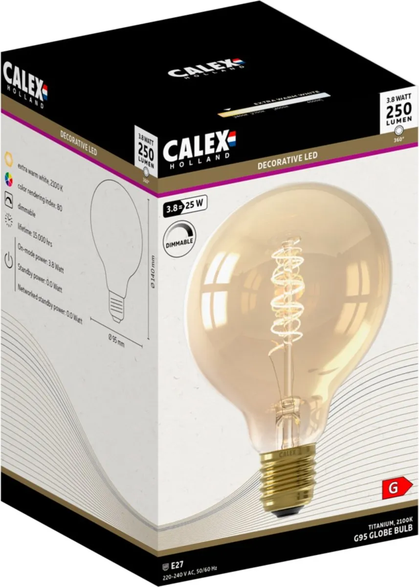 Calex Spiraal Filament LED Lamp G95 E27 - 3 Stuks - Goud - 2100K Warm Wit - afbeelding 6 van 6