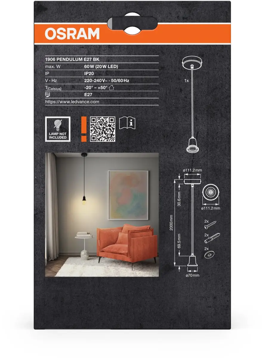 Osram Hanglamp Aluminium - Ø11.1cm E27 IP20 - Zwart