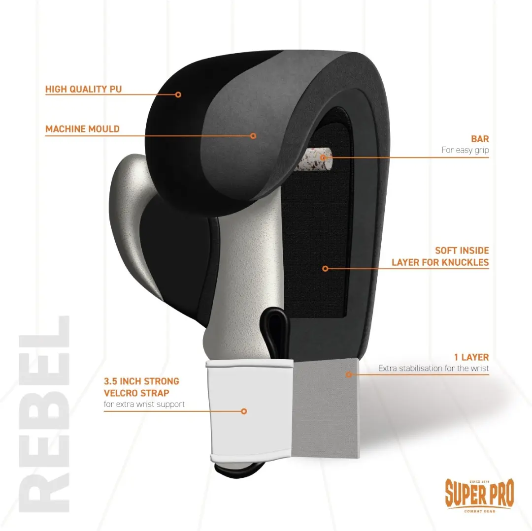Super Pro Combat Gear Rebel Bokshandschoenen 12oz - Zwart/Grijs/Wit