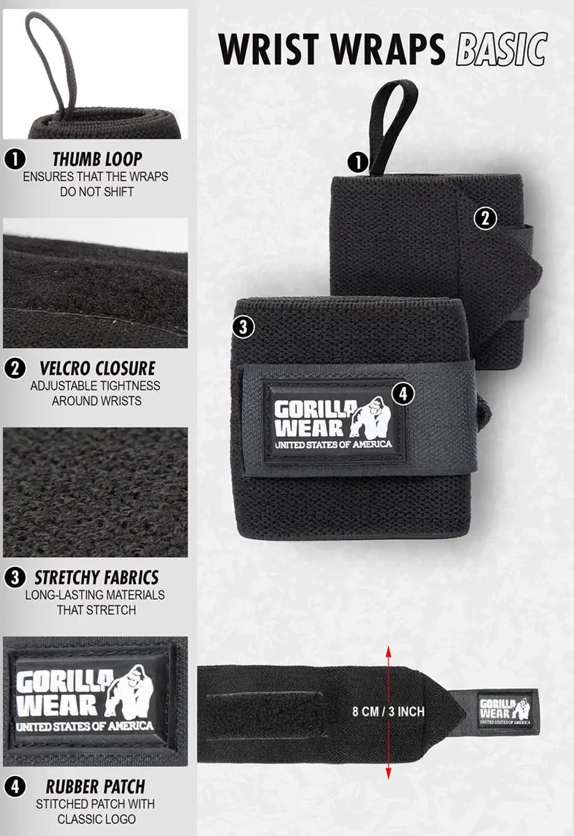 Gorilla Wear Essential Wrist Wraps - Polswraps 2 Stuks - Zwart/Grijs