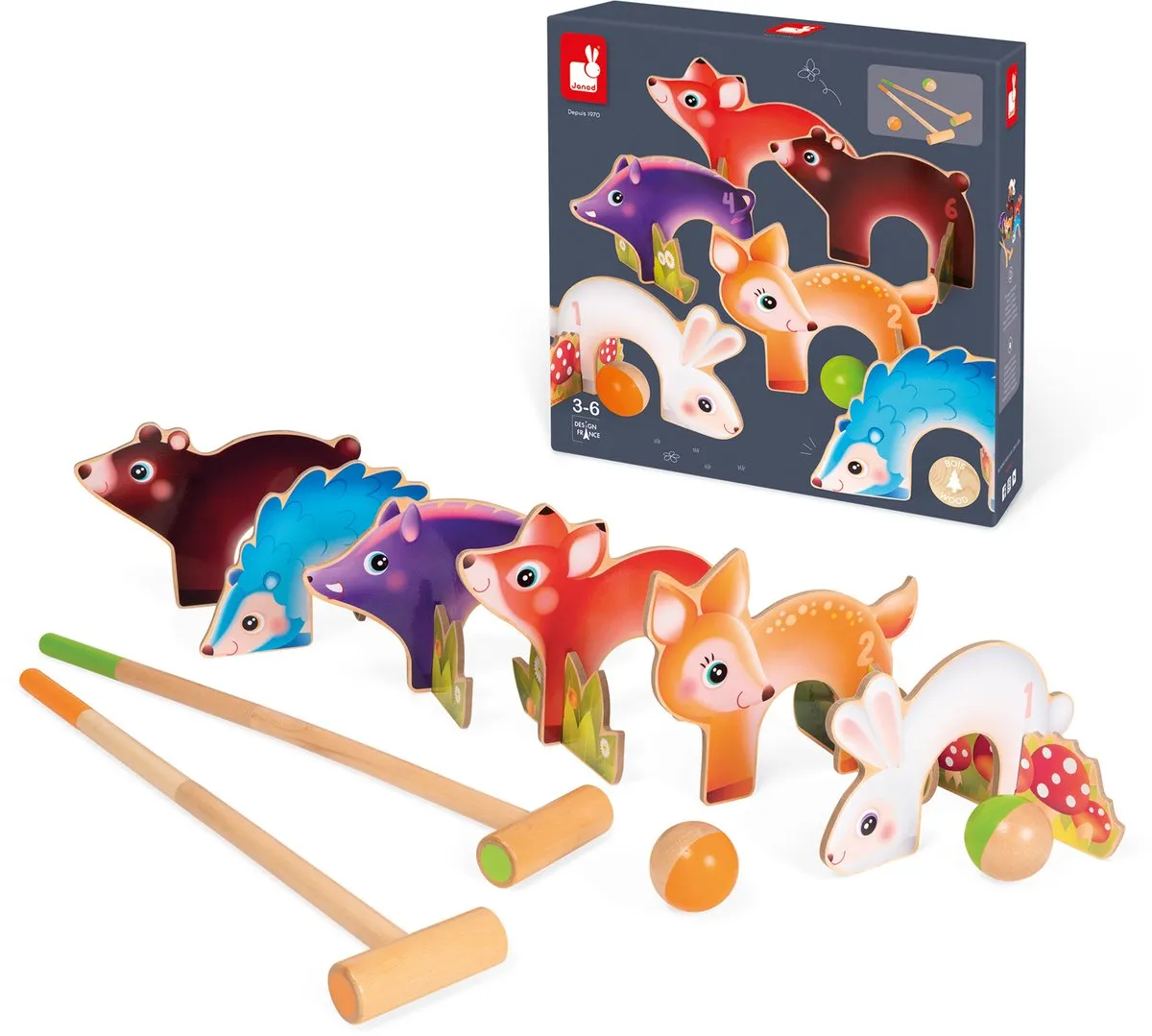 Janod Croquet Bosdieren - 6 Poortjes 2 Hamers 2 Ballen