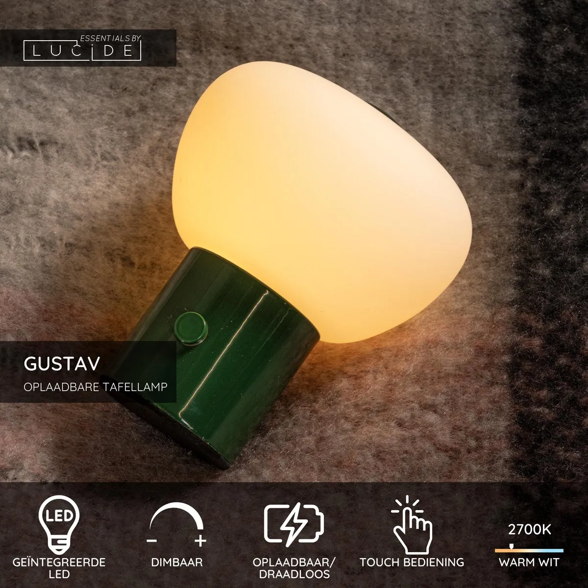 Lucide GUSTAV Oplaadbare Tafellamp - Groen - Ø8cm - 1x0,8W