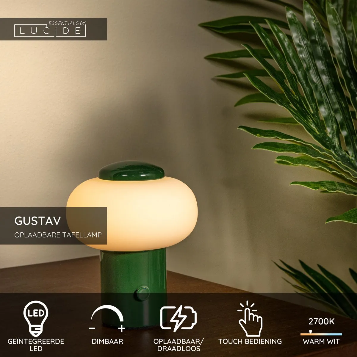 Lucide GUSTAV Oplaadbare Tafellamp - Groen - Ø8cm - 1x0,8W