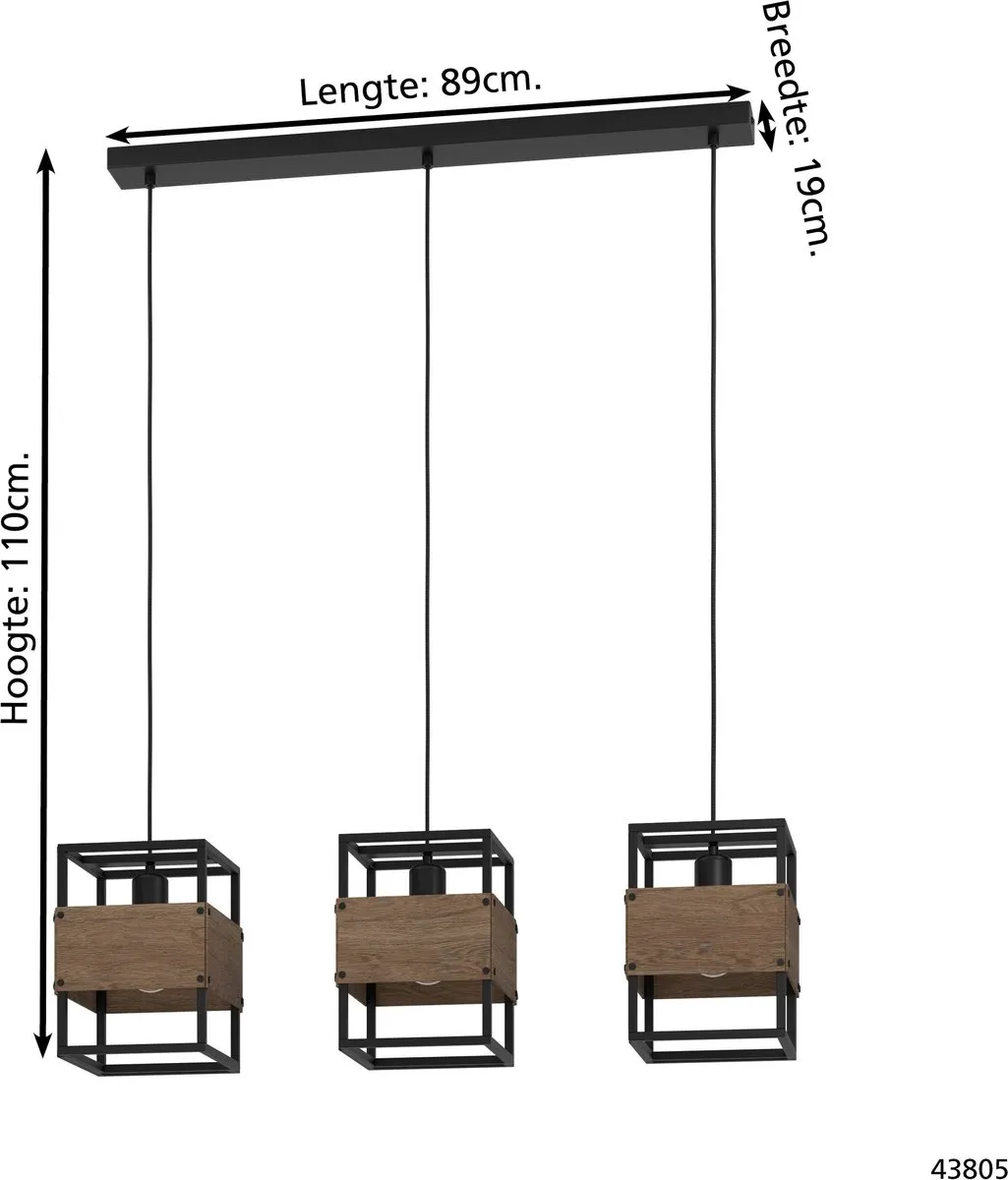 Eglo Evesham Hanglamp 3x E27 - 89,5cm - Zwart/Bruin Staal/Hout - afbeelding 6 van 6