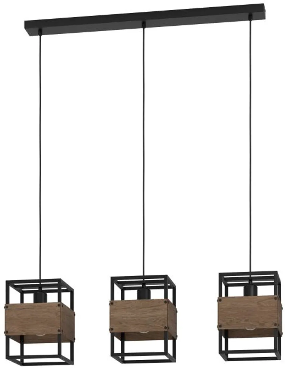 Eglo Evesham Hanglamp 3x E27 - 89,5cm - Zwart/Bruin Staal/Hout