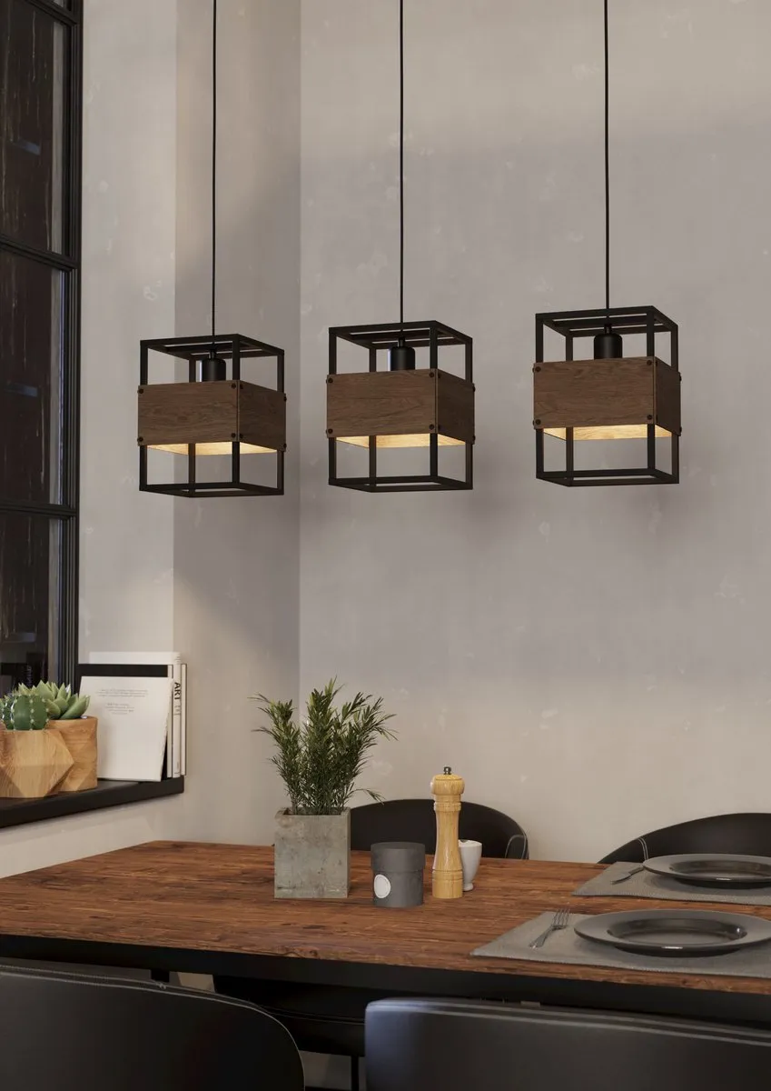 Eglo Evesham Hanglamp 3x E27 - 89,5cm - Zwart/Bruin Staal/Hout