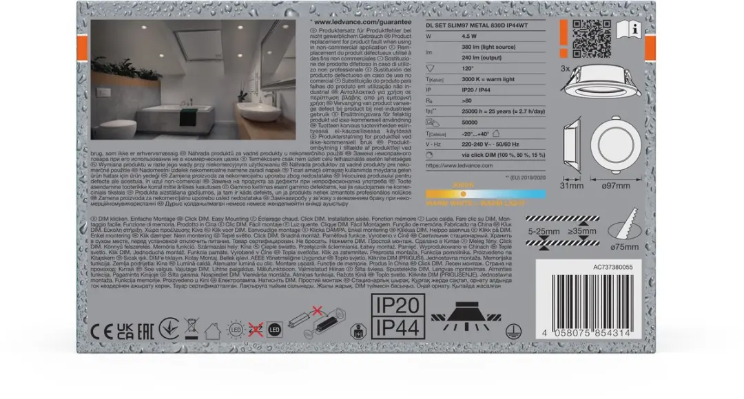 Osram Essential LED Inbouwspot IP44 Dim 97mm 4.5W - 3 Stuks