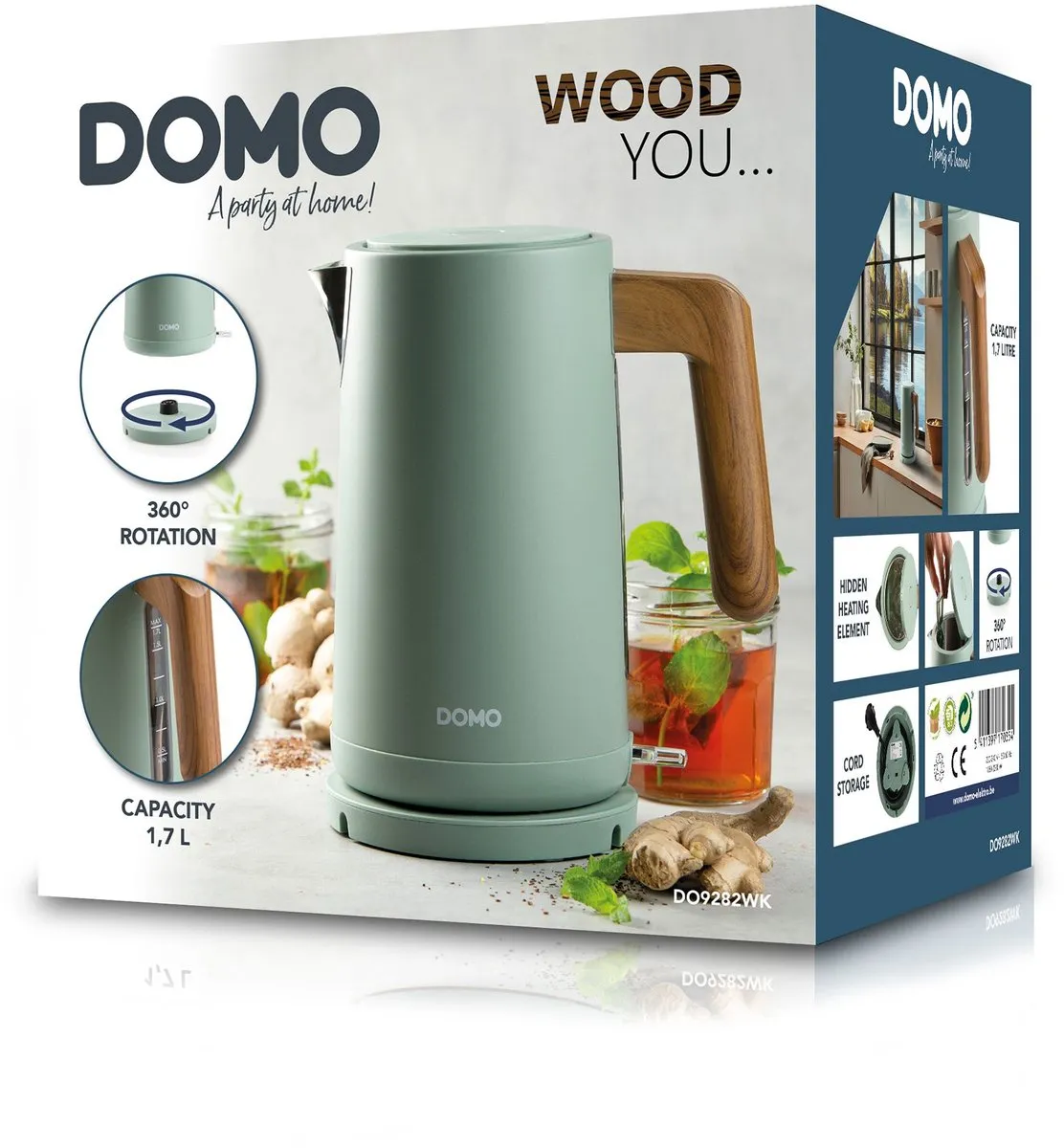 Domo DO9282WK Waterkoker Wood You - 1,7L - Mat groen