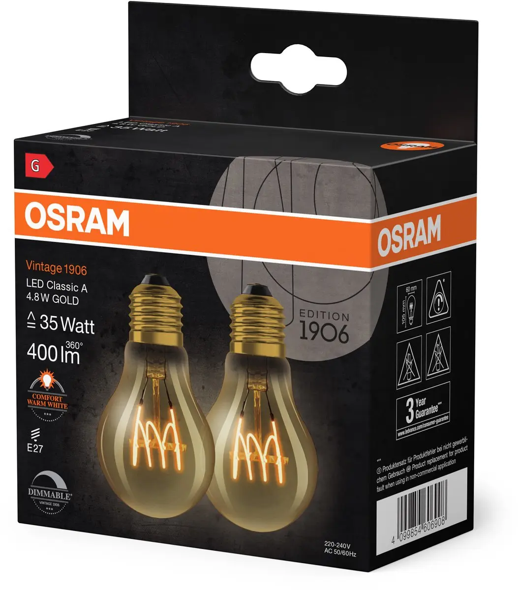 Osram Vintage 1906 LED Classic A Goud 4,8W 400lm 2200K - 2 Stuks