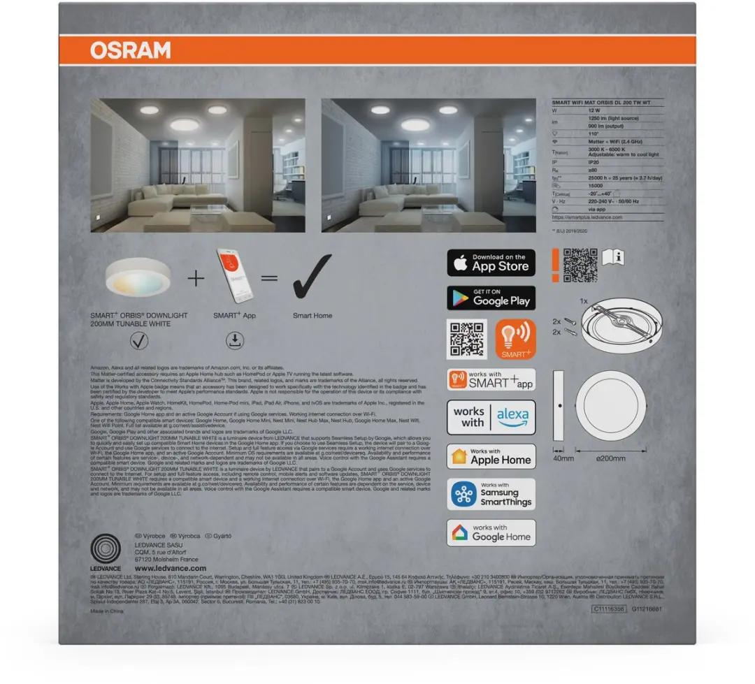 Osram SMART+ Matter Orbis LED Downlight 200mm 12W 900lm - Wit