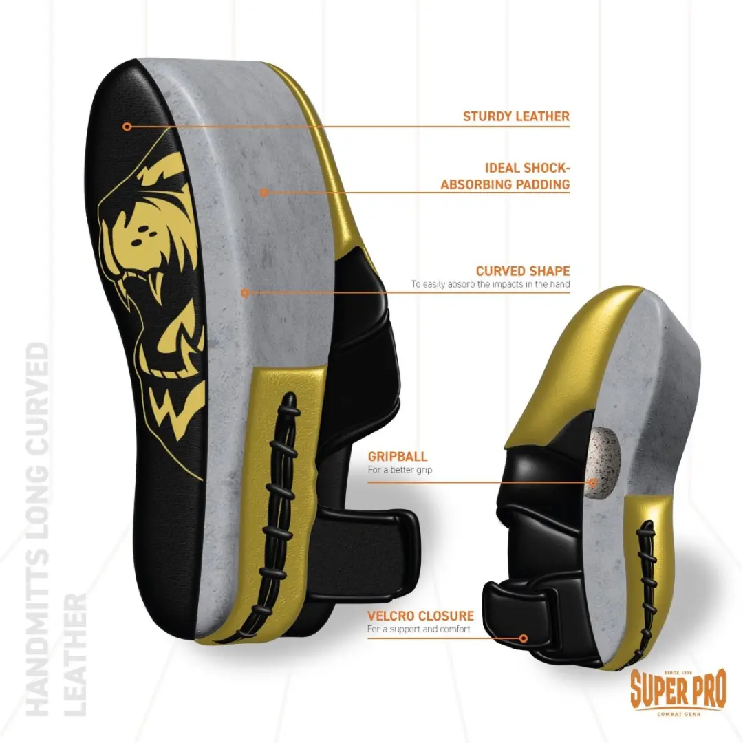 Super Pro Combat Gear Handmitts Long Curved Leder - Zwart/Goud