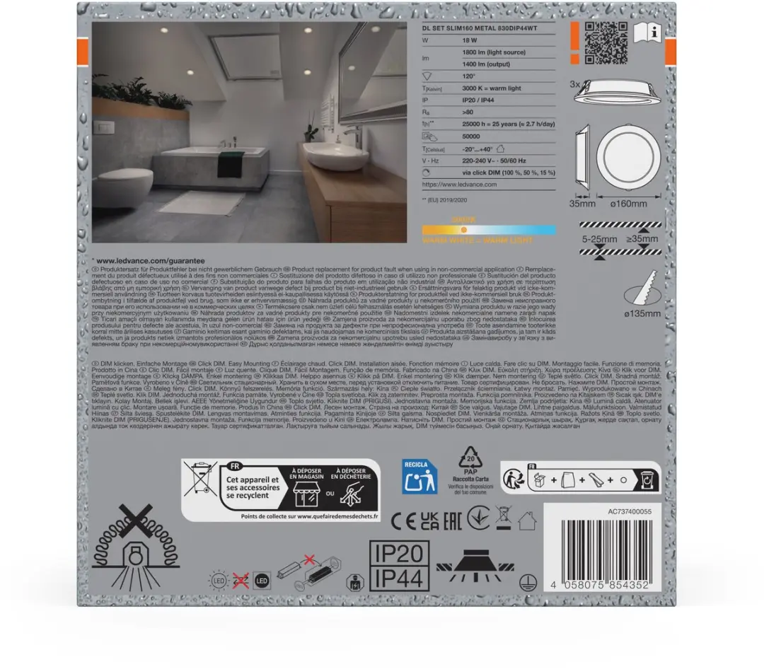 Osram Essential LED Inbouwspot IP44 18W 160mm - 3 Stuks