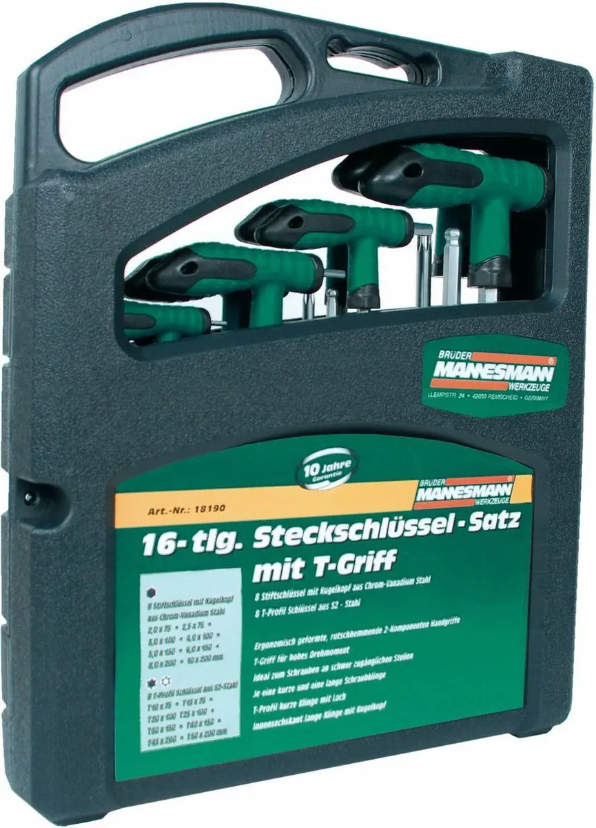Brüder Mannesmann Inbussleutelset T-greep 17-delig - Groen - afbeelding 6 van 6