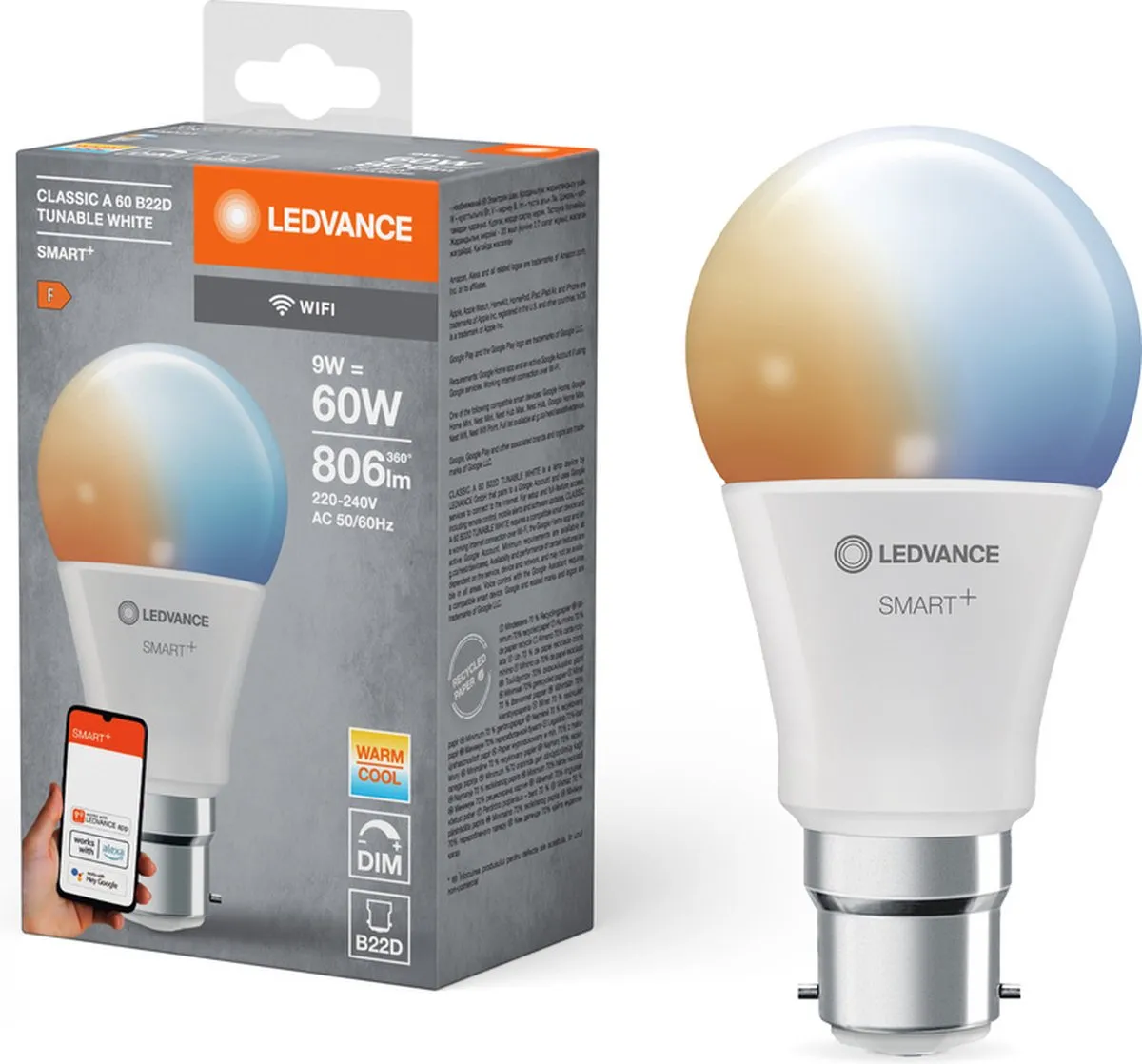 LEDVANCE Slimme LED Lamp B22d 806 Lumen 9W - Wit - 1-Pak