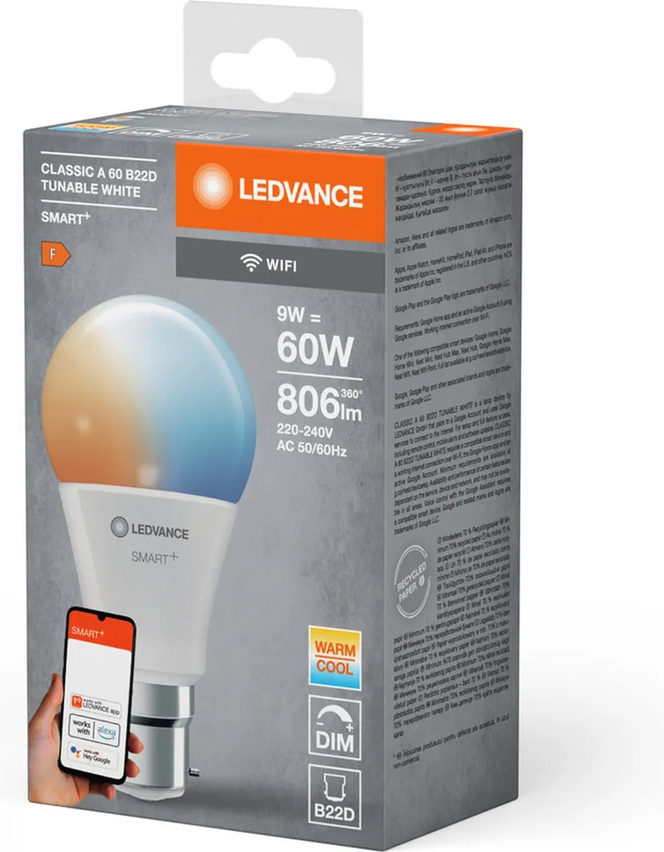 LEDVANCE Slimme LED Lamp B22d 806 Lumen 9W - Wit - 1-Pak