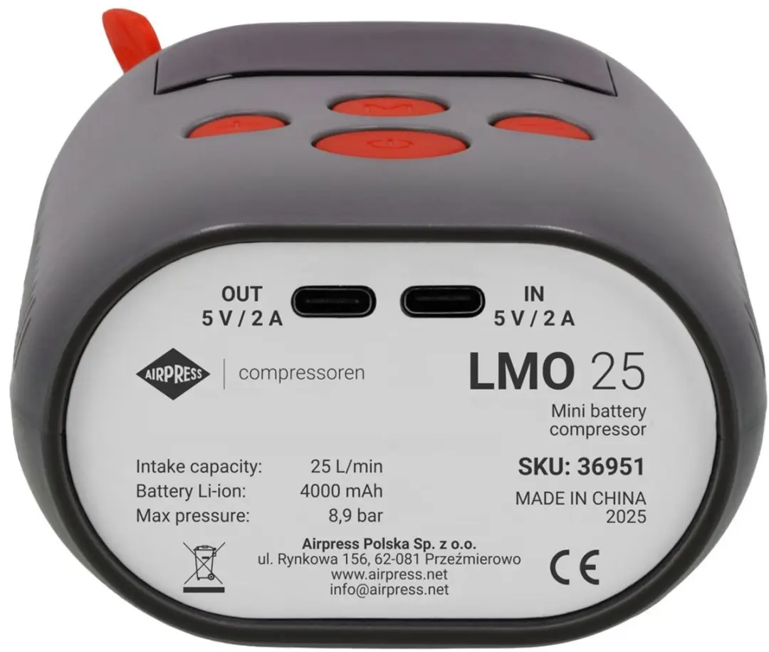 Airpress LMO 25 Mini Olievrije Compressor - 8 bar 25 l/min - Powerbank & Zaklamp