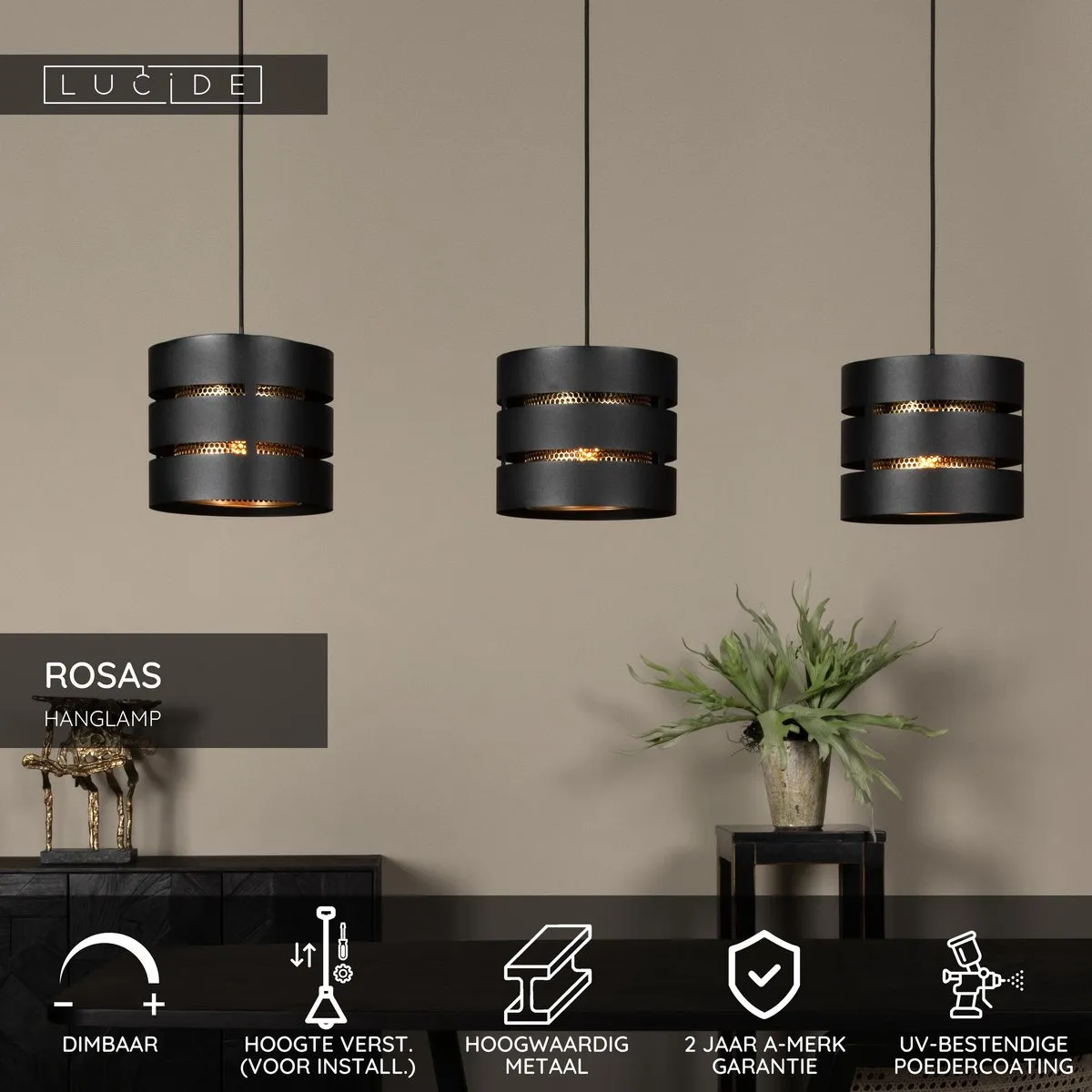 Lucide ROSAS Hanglamp 3xE27 - Zwart