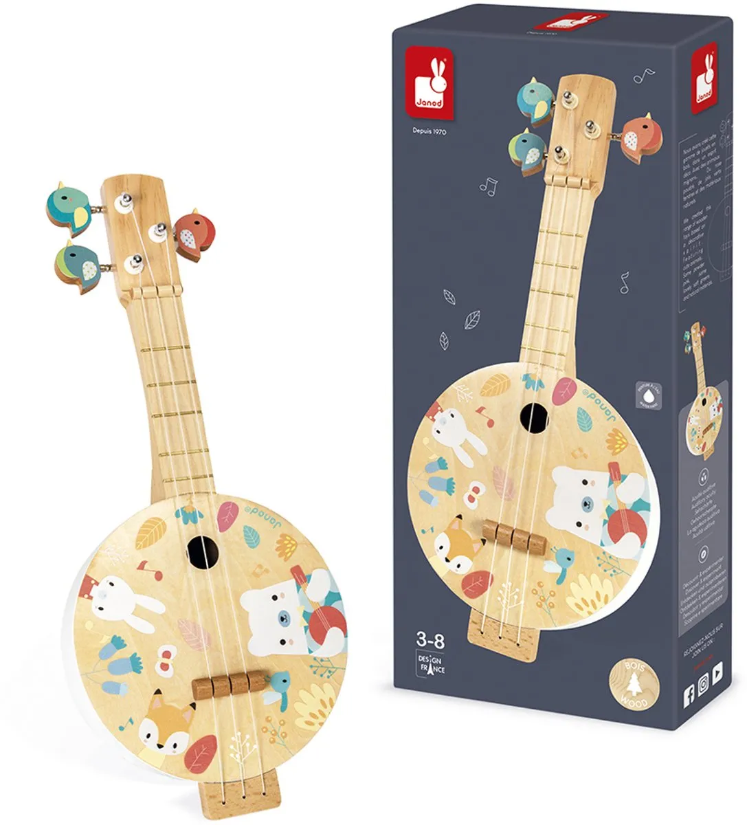 Janod Pure - Houten Banjo - Gemaakt Van Natuurlijk Hout Met Pastelkleuren - 3 Reserve Koorden Inbegrepen - Geschikt Vanaf 3 Jaar