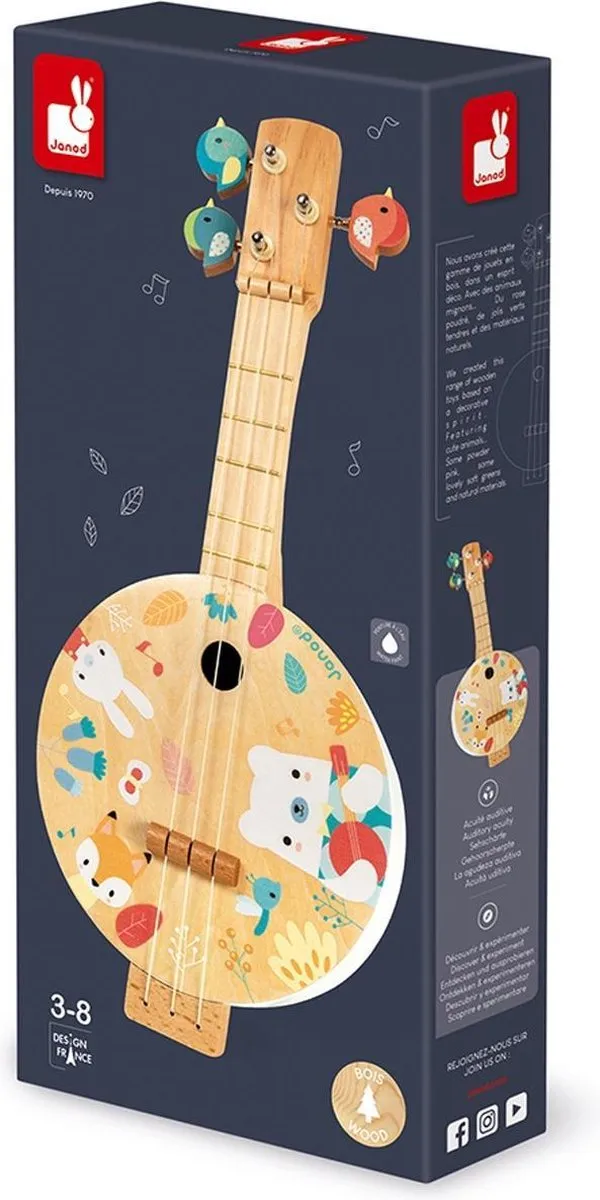 Janod Pure - Houten Banjo - Gemaakt Van Natuurlijk Hout Met Pastelkleuren - 3 Reserve Koorden Inbegrepen - Geschikt Vanaf 3 Jaar