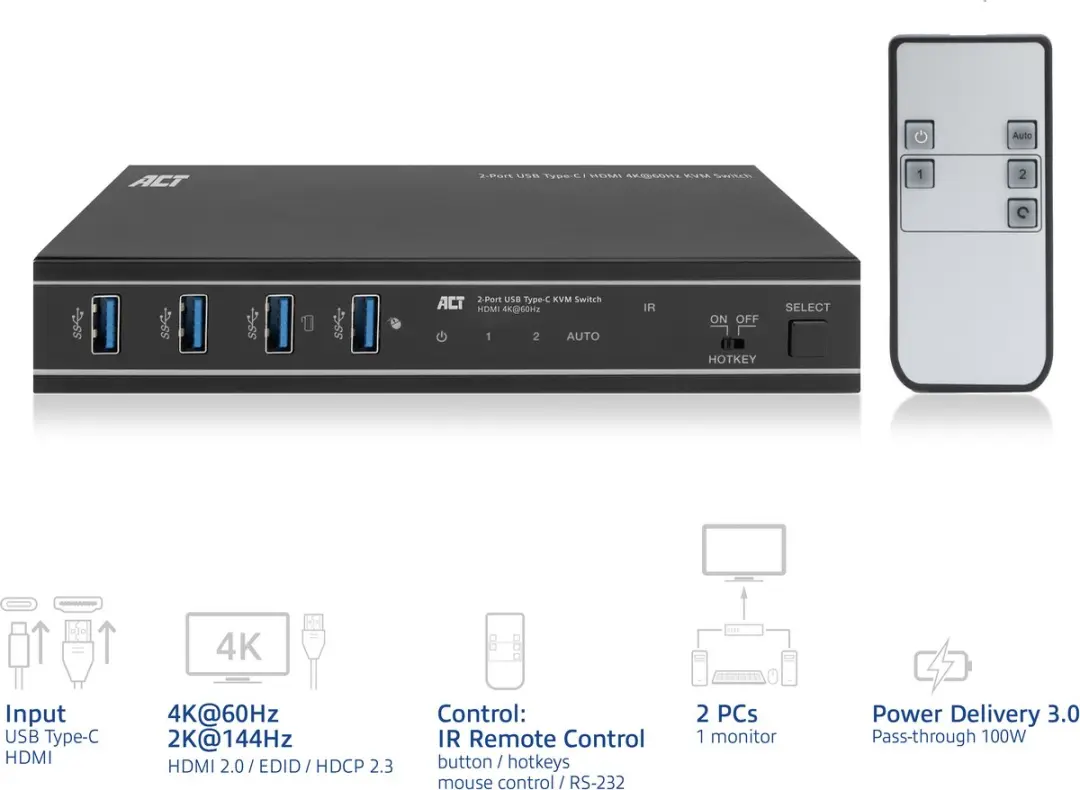 ACT AC7922 2-Poorts USB-C/HDMI KVM Switch 4K@60Hz