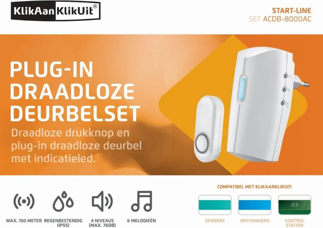 KlikAanKlikUit ACDB-8000AC Draadloze Deurbel - 6 Melodieën Wit