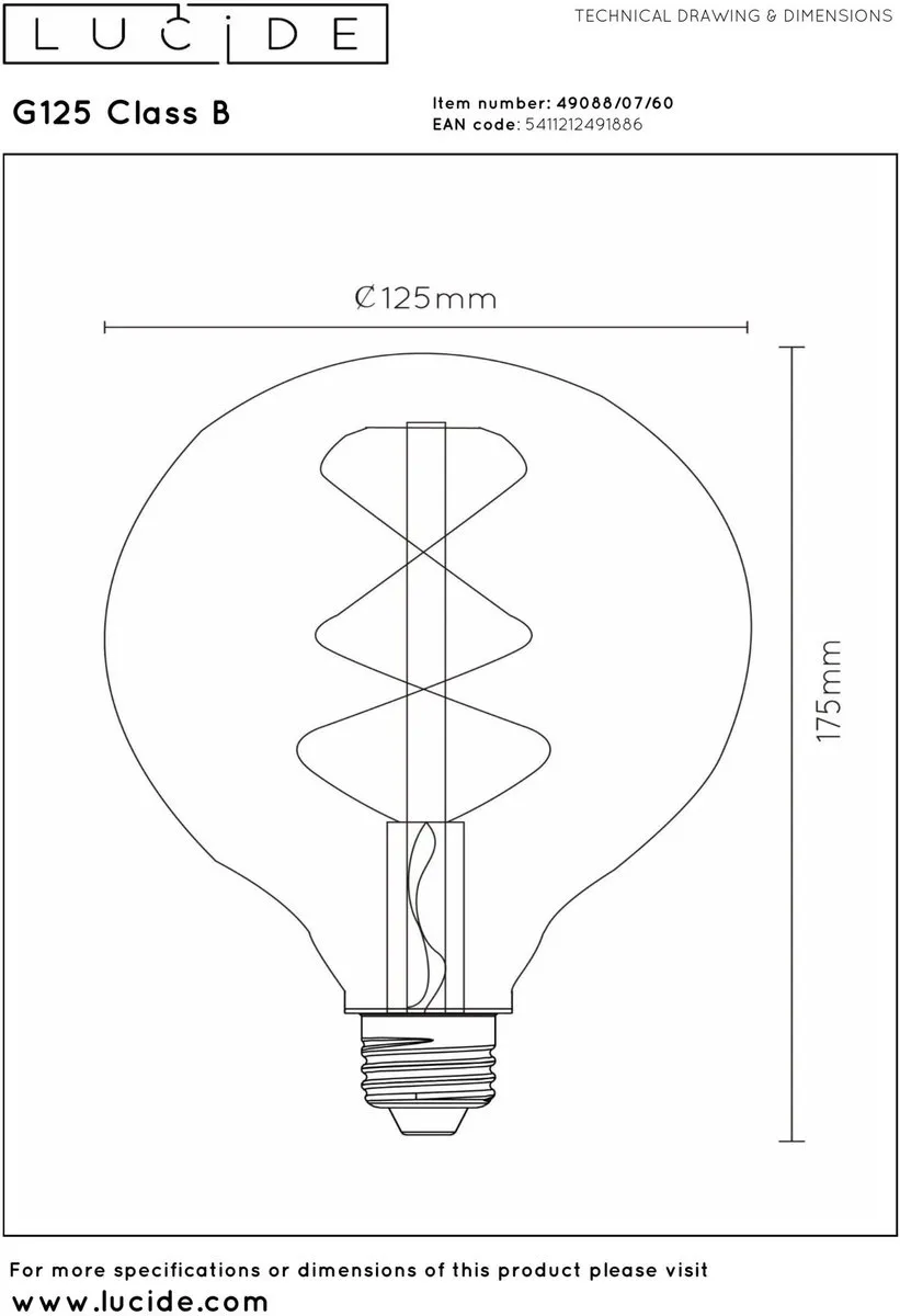 Lucide G125 Class B LED Lamp - 7W 2700K E27 - Ø12,5cm Transparant