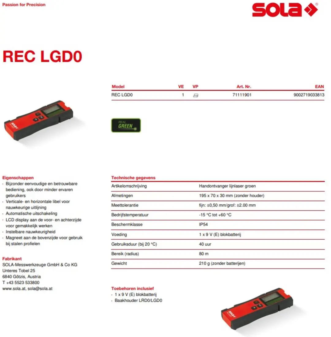 Sola REC LGD0 Laserontvanger - 80m - Rood/Zwart