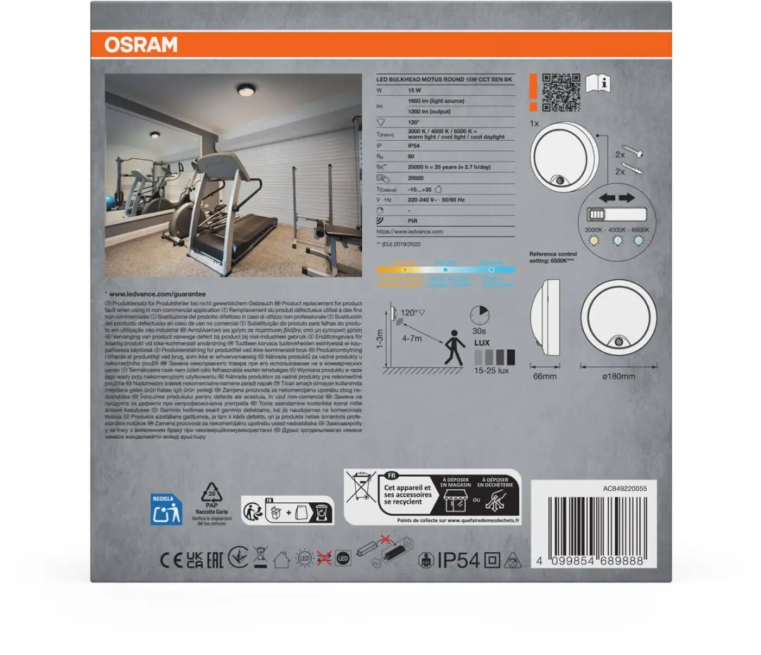 Osram Motus Round 15W CCT Sensor Plafondlamp - 180cm Ø - Zwart