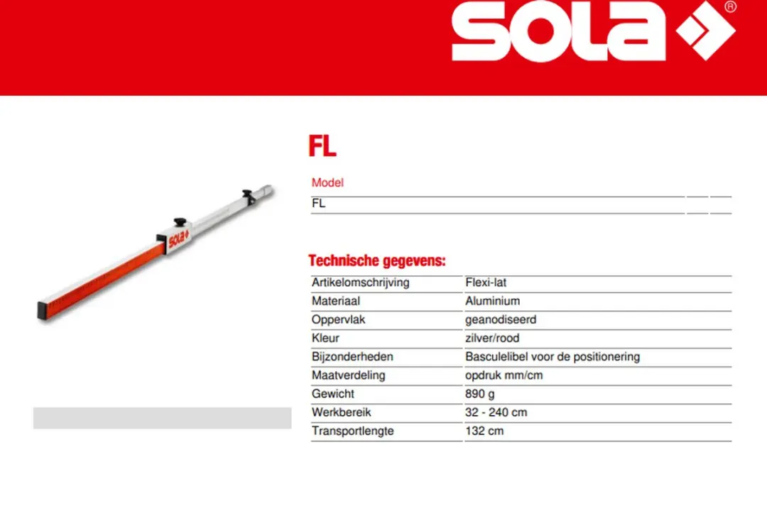 Sola FlexiLat Waterpasbaken FL 71132101 - 2,4m - Rood/Zilver - afbeelding 2 van 4