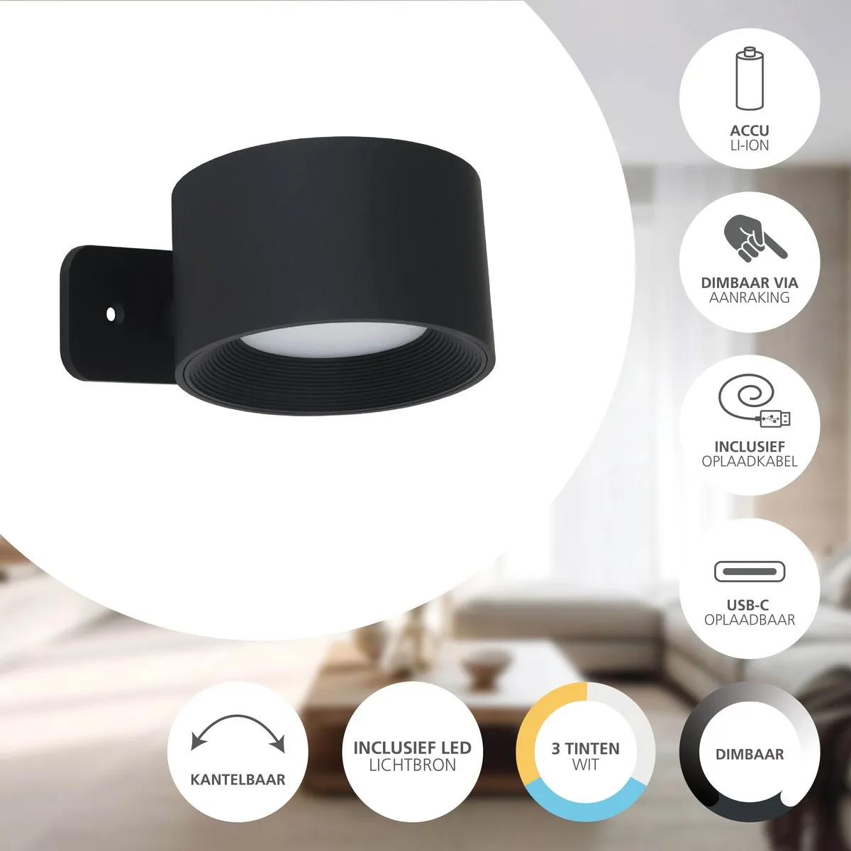 Eglo Muraglie Wandlamp - Oplaadbaar 24u - Ø7.5cm - Zwart