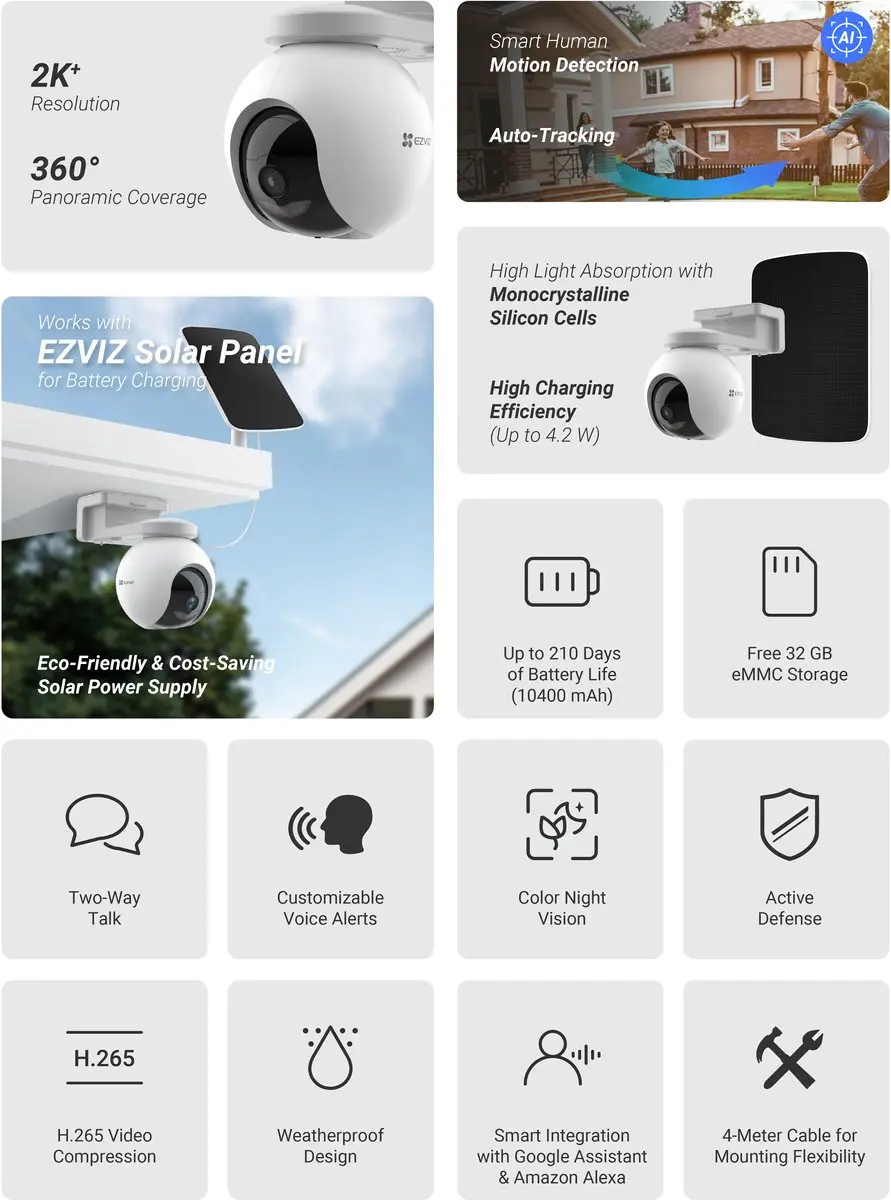 EZVIZ HB8 Pro 4K Kit - Draadloze Camera met Zonnepaneel 5W